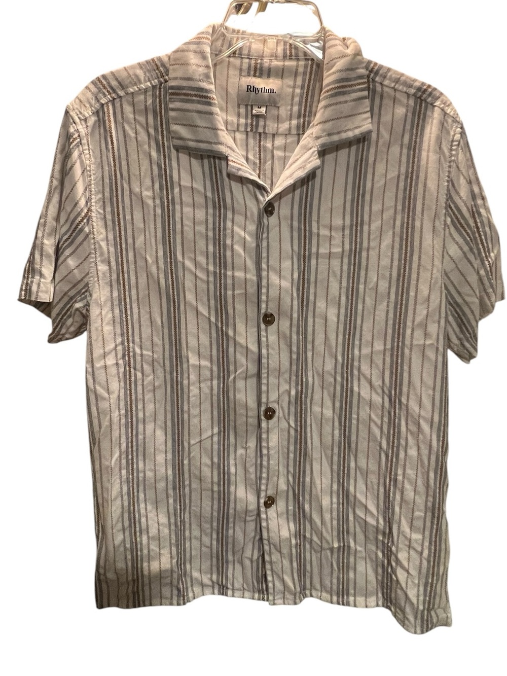 Rhythm Short-Sleeve Button-Down Camp Men’s Shirt in Beige and Brown Stripe